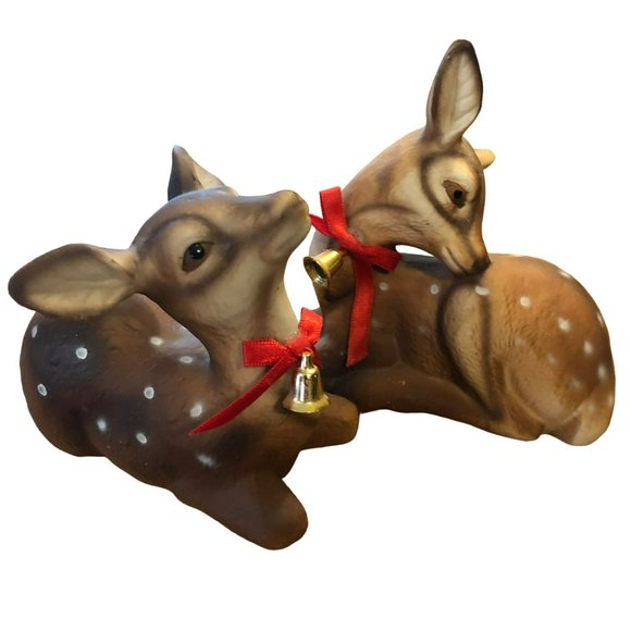 Ceramic Deer Fawns Twins Bell Bow Ties Vtg Decor - Picture 1 of 6